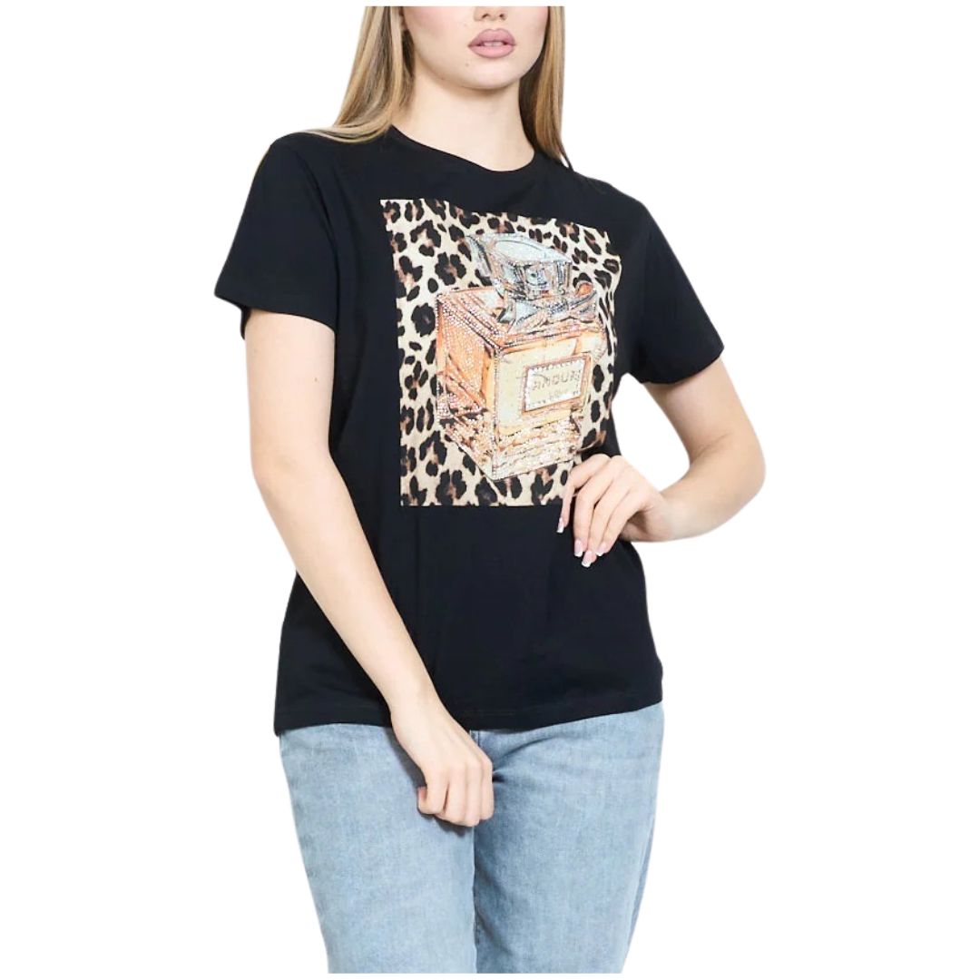 T-shirt donna manica corta motivo boccetta di profumo leopardata dorata