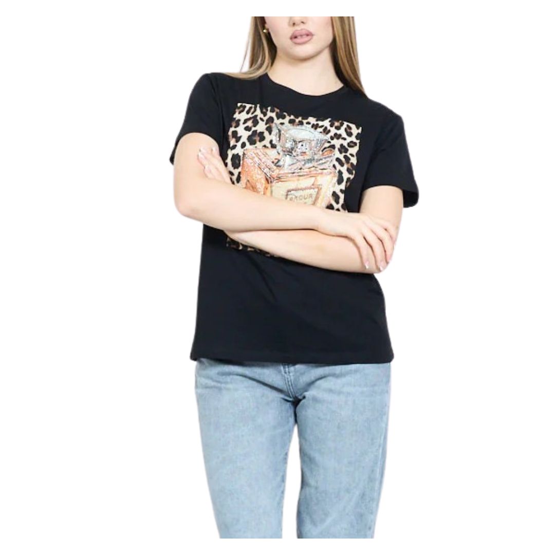 T-shirt donna manica corta motivo boccetta di profumo leopardata dorata