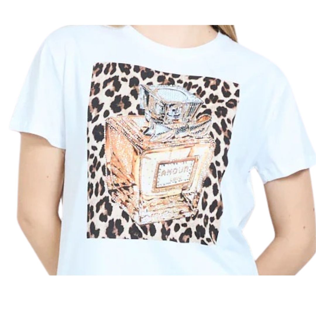T-shirt donna manica corta motivo boccetta di profumo leopardata dorata