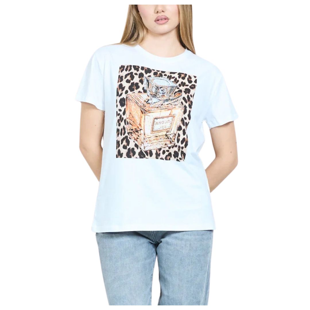 T-shirt donna manica corta motivo boccetta di profumo leopardata dorata