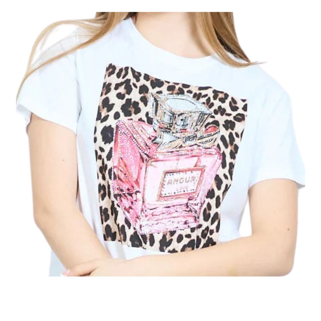 T-shirt donna manica corta motivo boccetta di profumo leopardata rosa