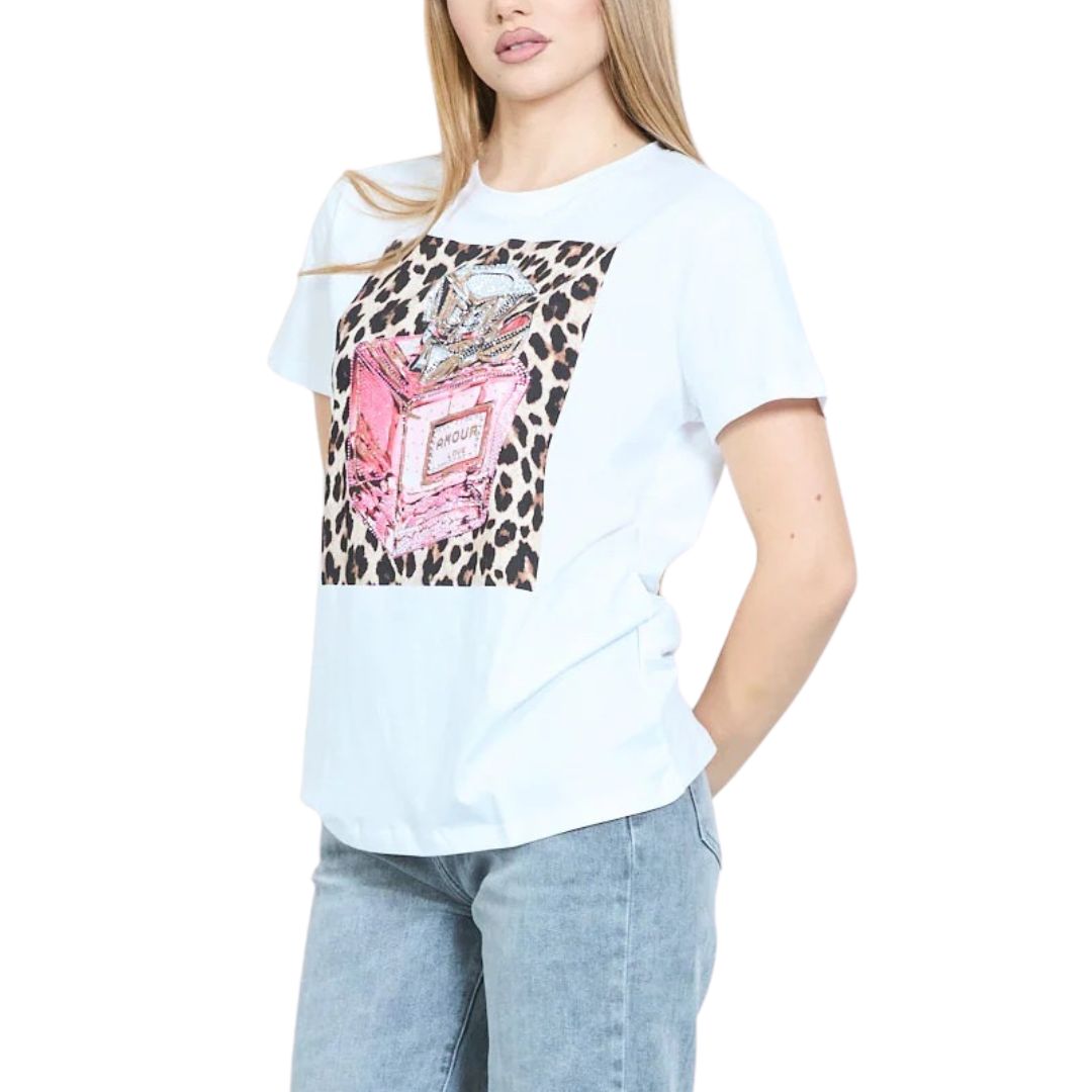 T-shirt donna manica corta motivo boccetta di profumo leopardata rosa