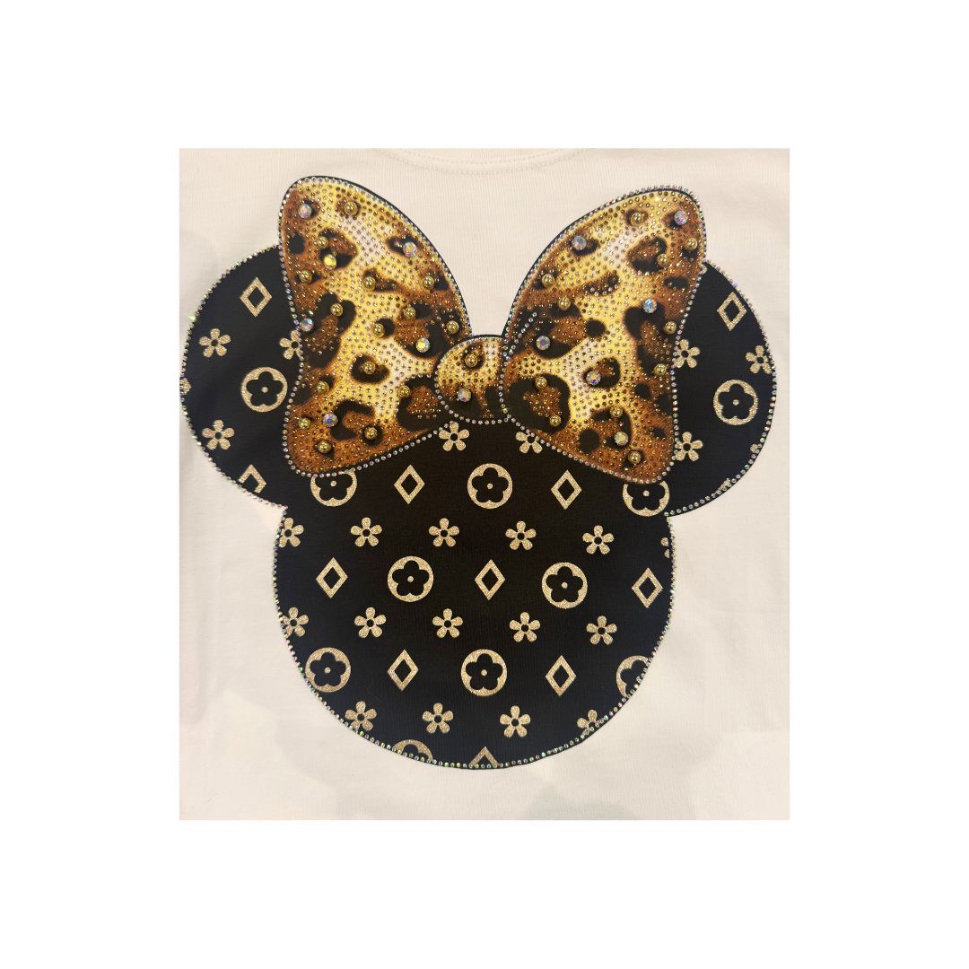 T-Shirt donna con stampa Minnie con maculato, strass e perline Made in Italy