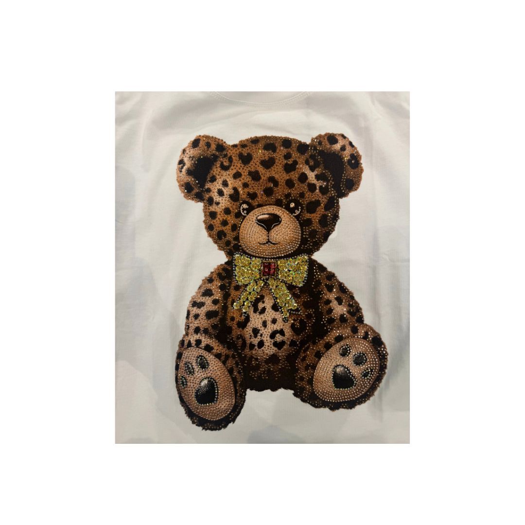 T-Shirt donna con stampa orsetto leopardato e fiocco con strass Made in Italy