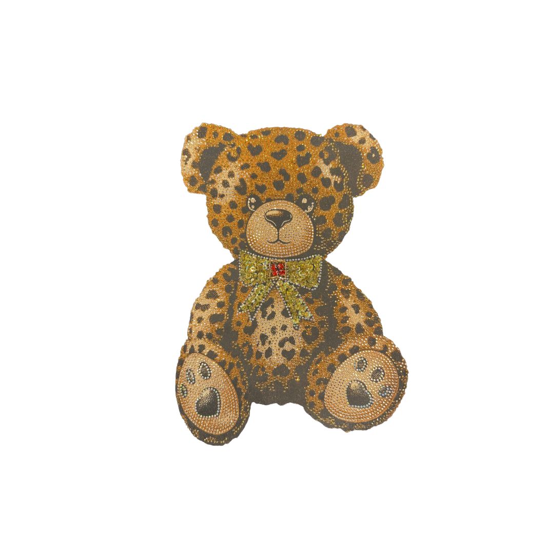 T-Shirt donna con stampa orsetto leopardato e fiocco con strass Made in Italy