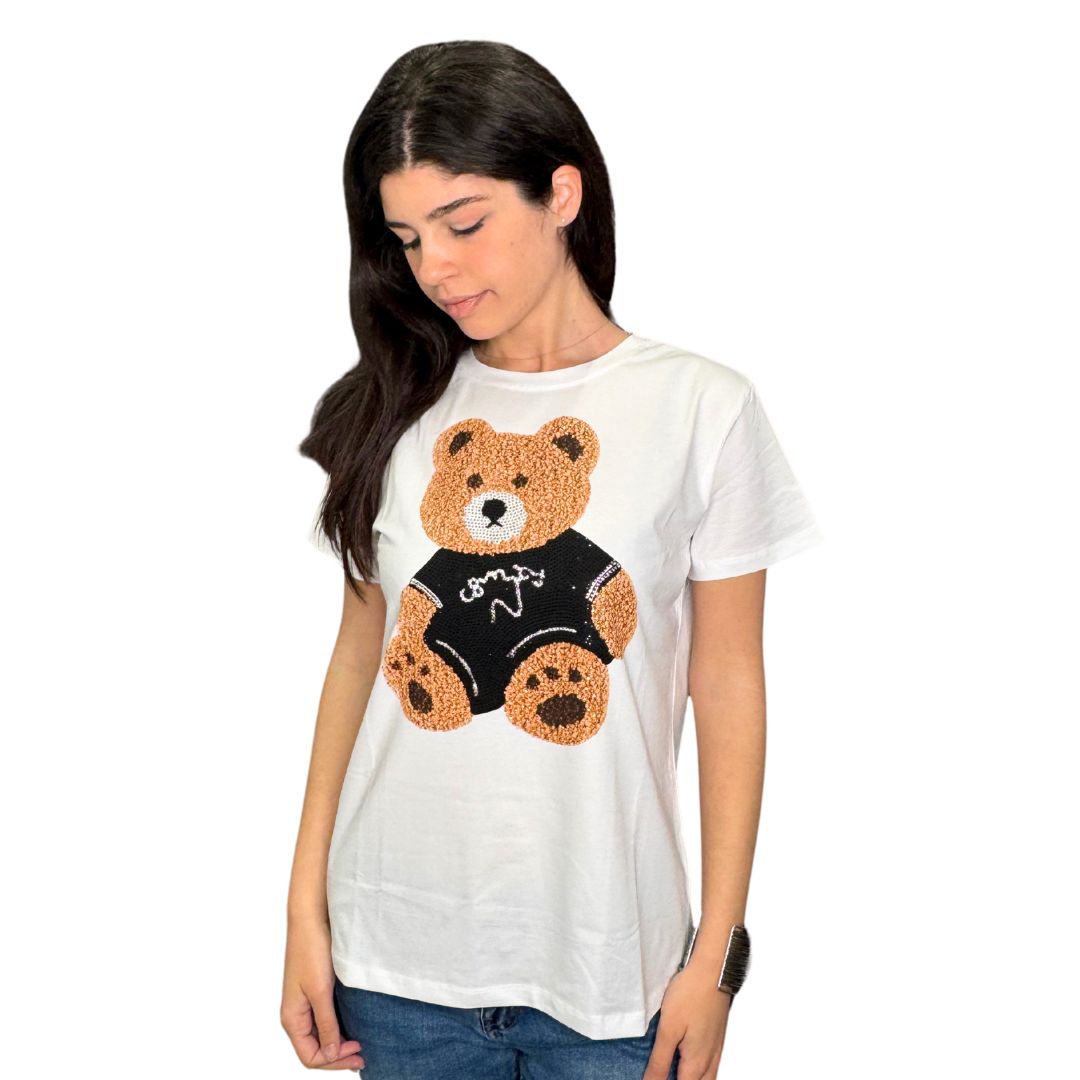T-shirt donna a maniche corte con stampa orsetto beige con strass in cotone