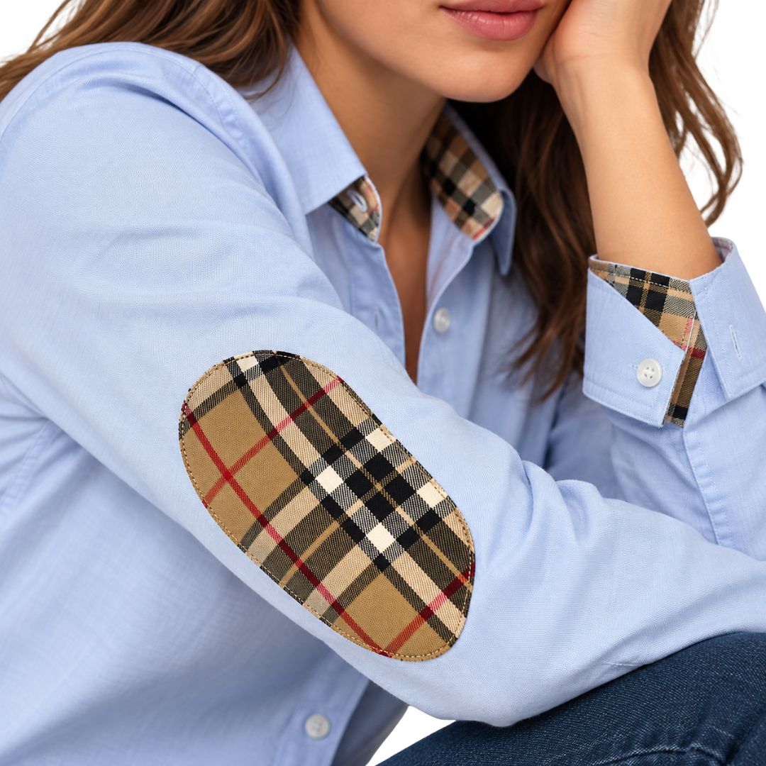 Camicia donna interni collo polsi tartan toppe sulla manica