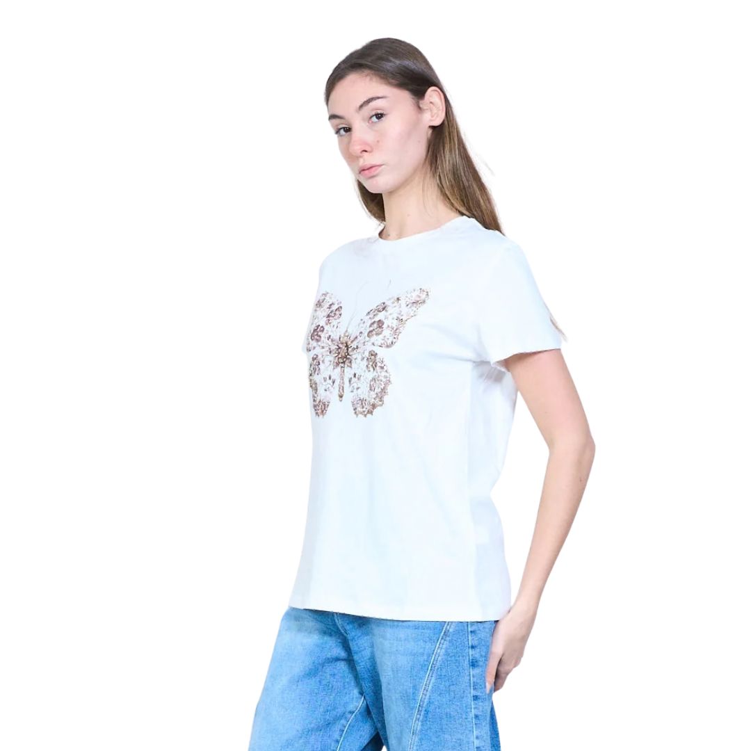 T-shirt donna a maniche corte con disegno farfalla e strass