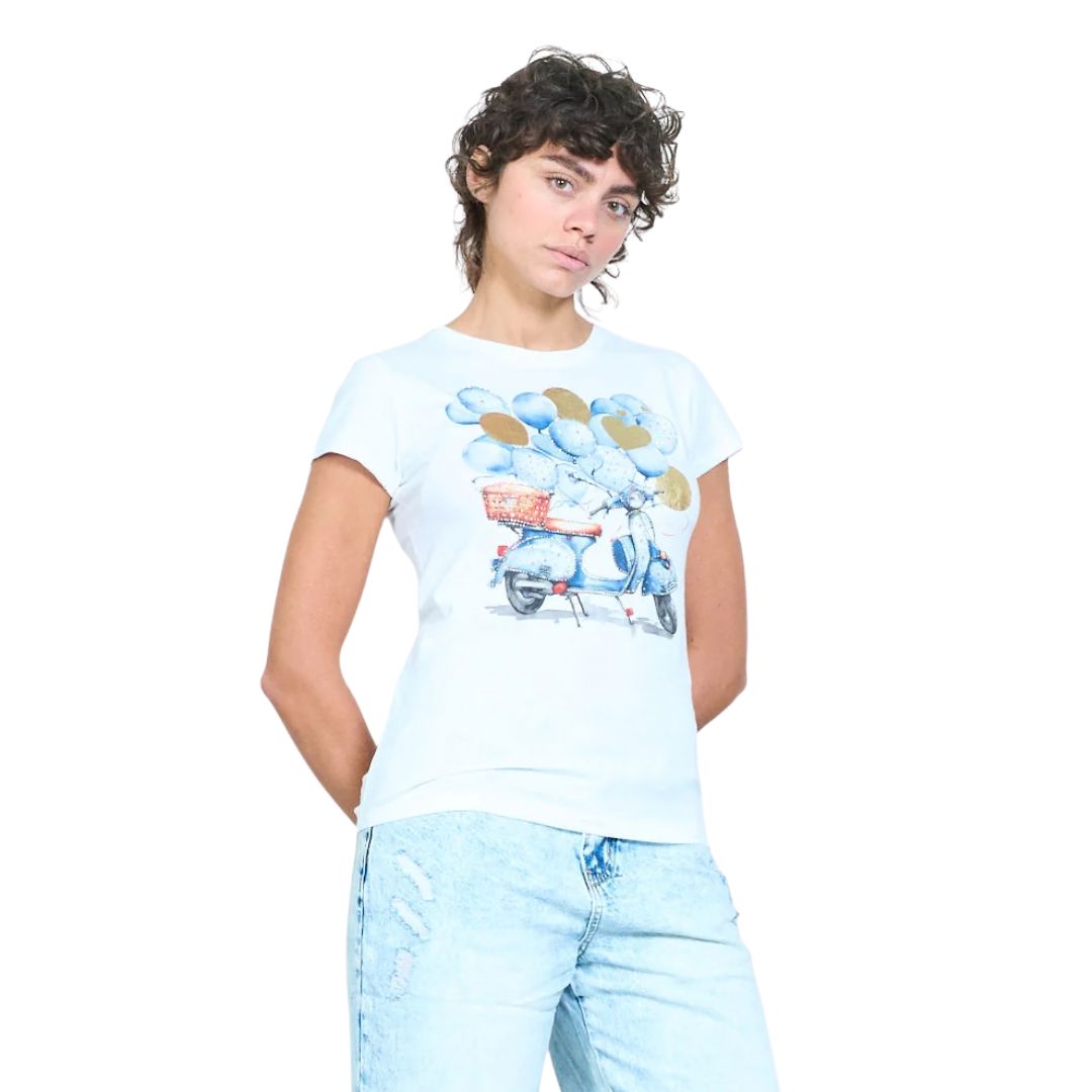 T-shirt donna a maniche corte con disegno vespa, palloncini e cuori con strass