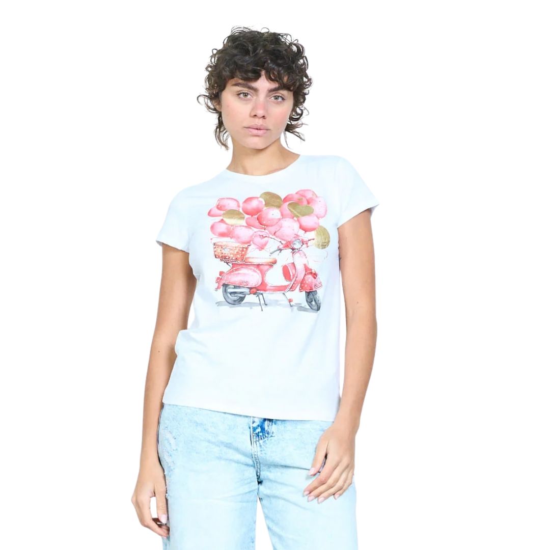 T-shirt donna a maniche corte con disegno vespa, palloncini e cuori con strass