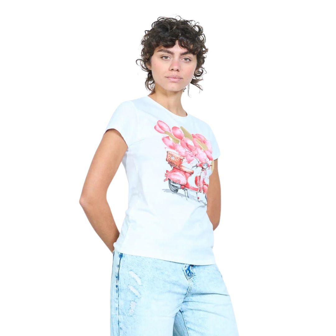 T-shirt donna a maniche corte con disegno vespa, palloncini e cuori con strass