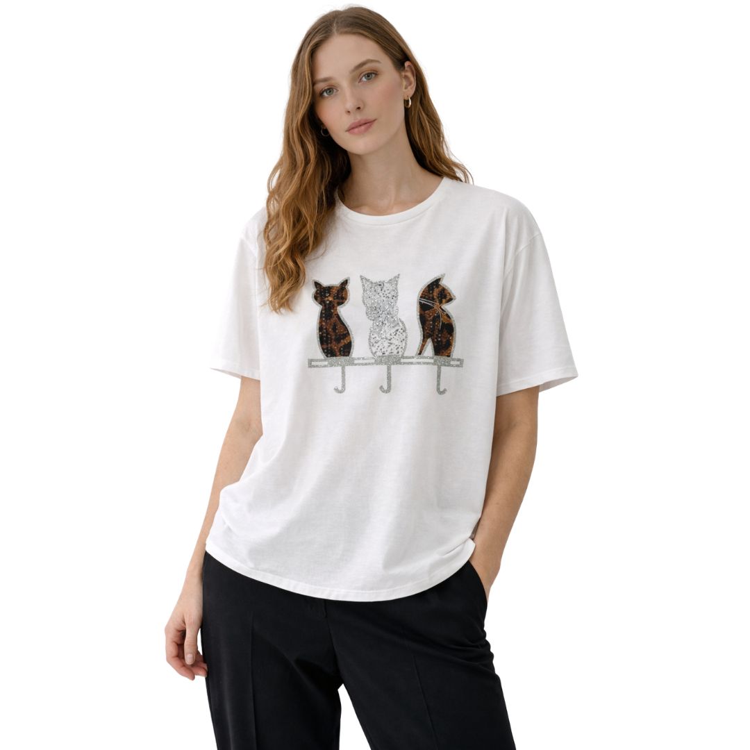 T-shirt donna a maniche corte fantasia sagome gatti con paillettes e strass