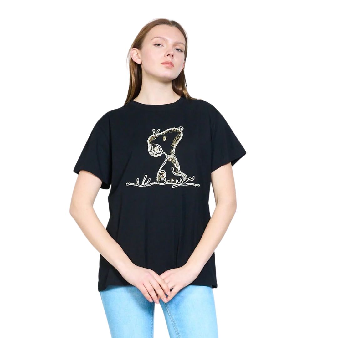 T-shirt donna a maniche corte con ricamo Snoopy e paillettes Made in Italy