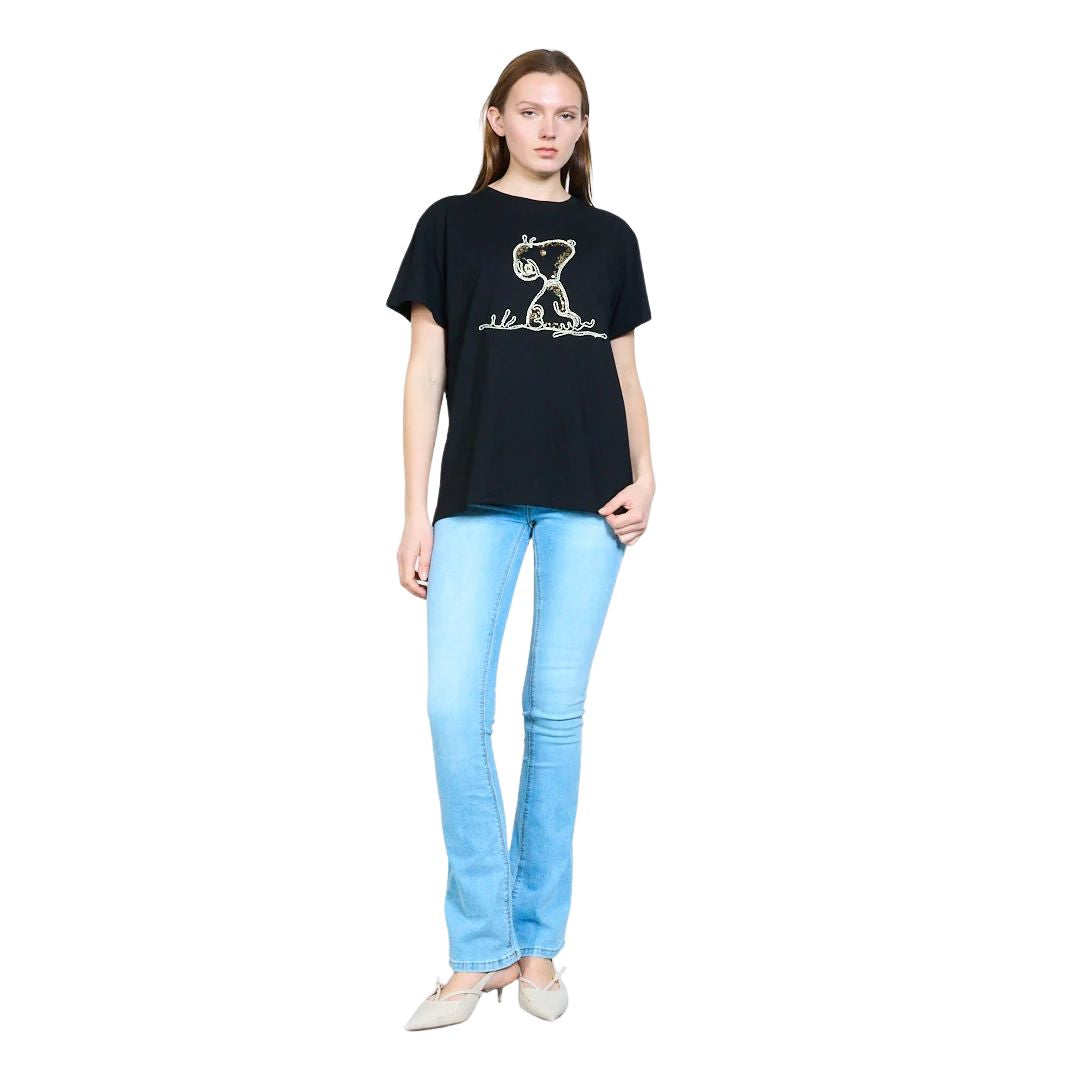 T-shirt donna a maniche corte con ricamo Snoopy e paillettes Made in Italy