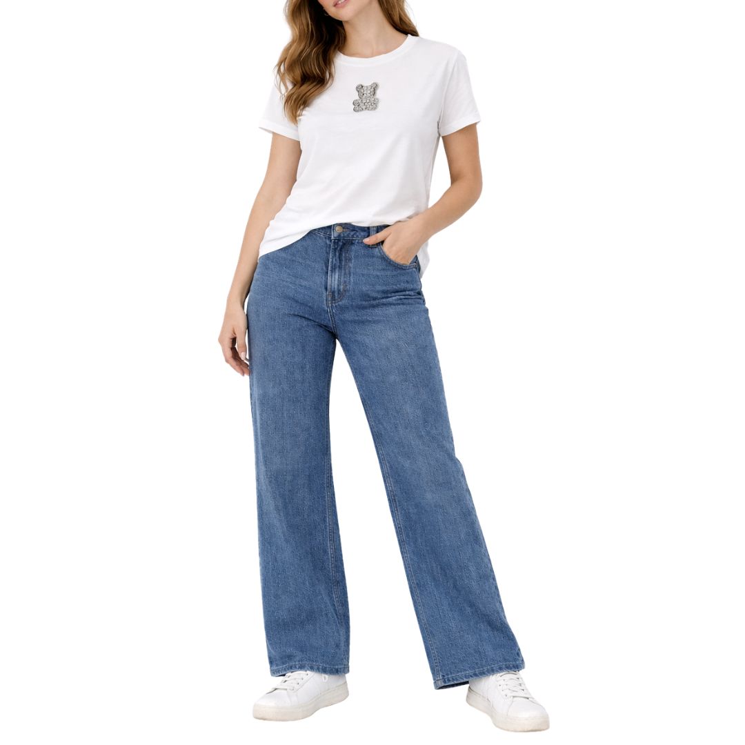 T-shirt donna a maniche corte con disegno orsetto in strass in cotone