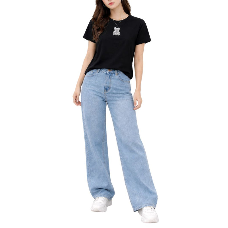 T-shirt donna a maniche corte con disegno orsetto in strass in cotone