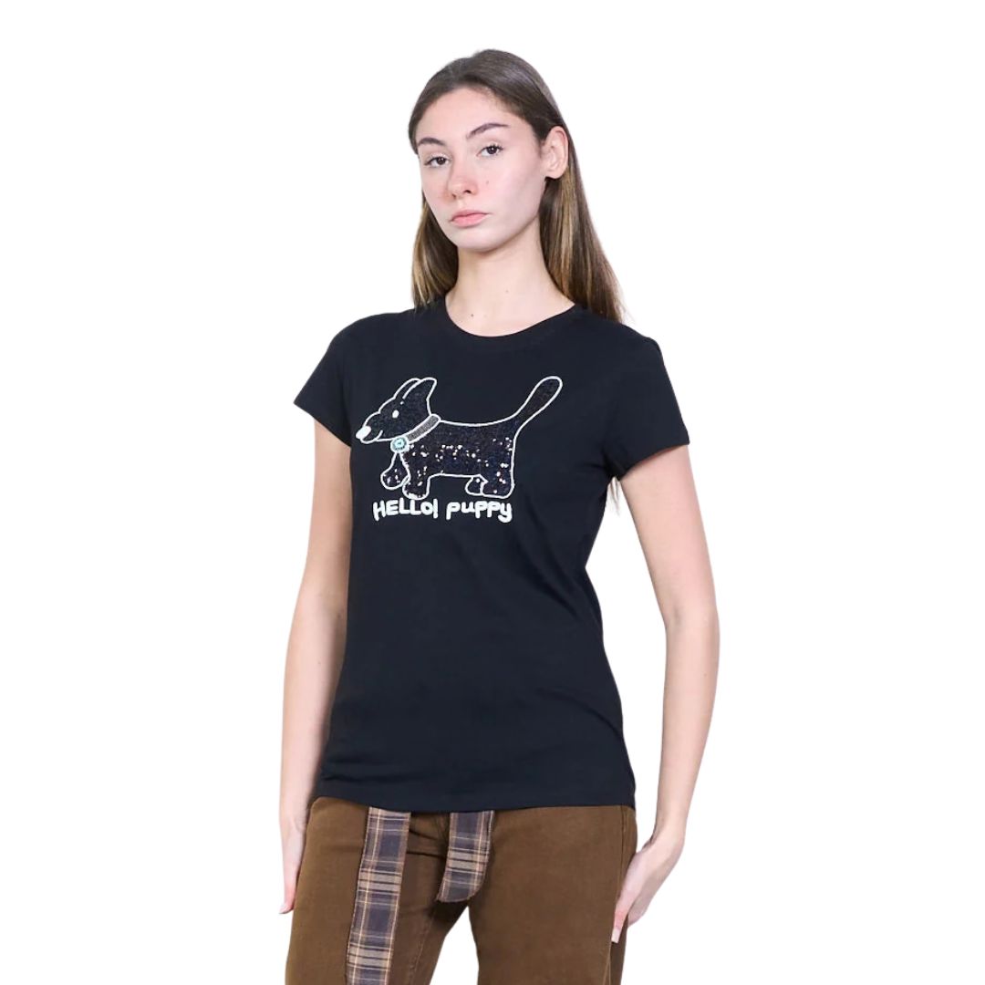 T-shirt donna a maniche corte fantasia cane e paillettes, scritta "Hello! Puppy"