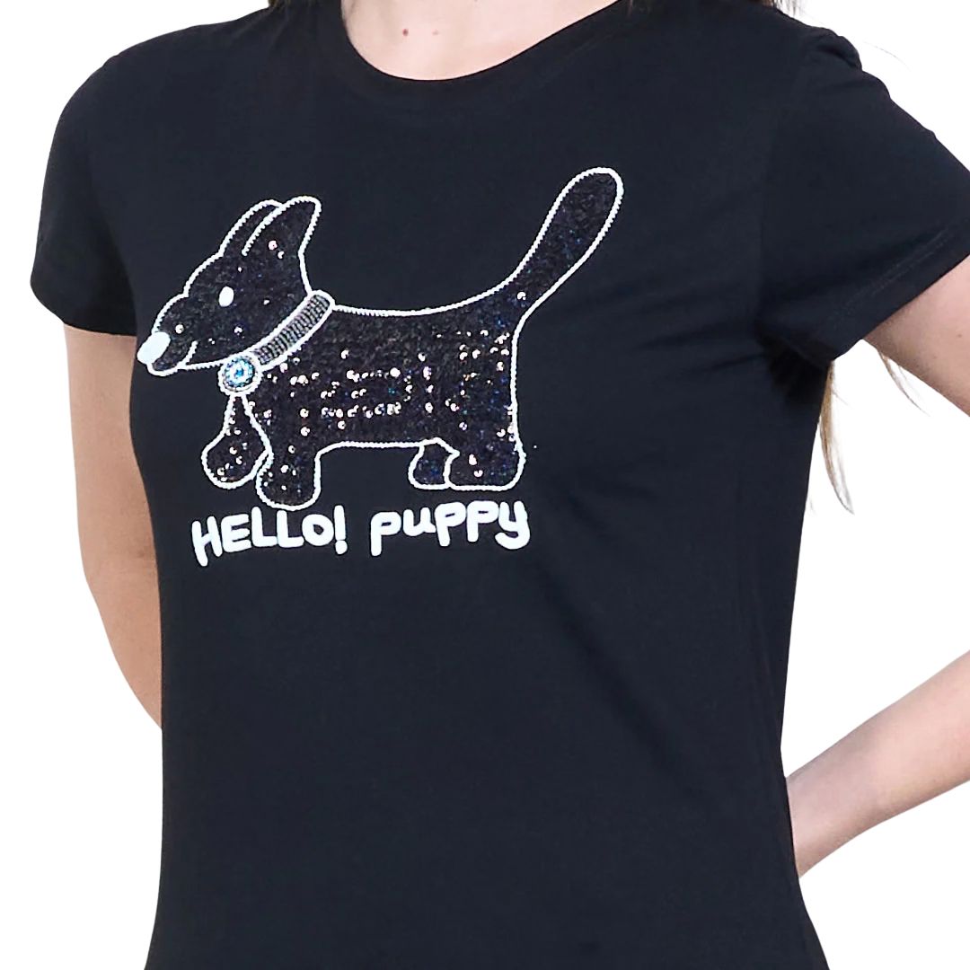 T-shirt donna a maniche corte fantasia cane e paillettes, scritta "Hello! Puppy"