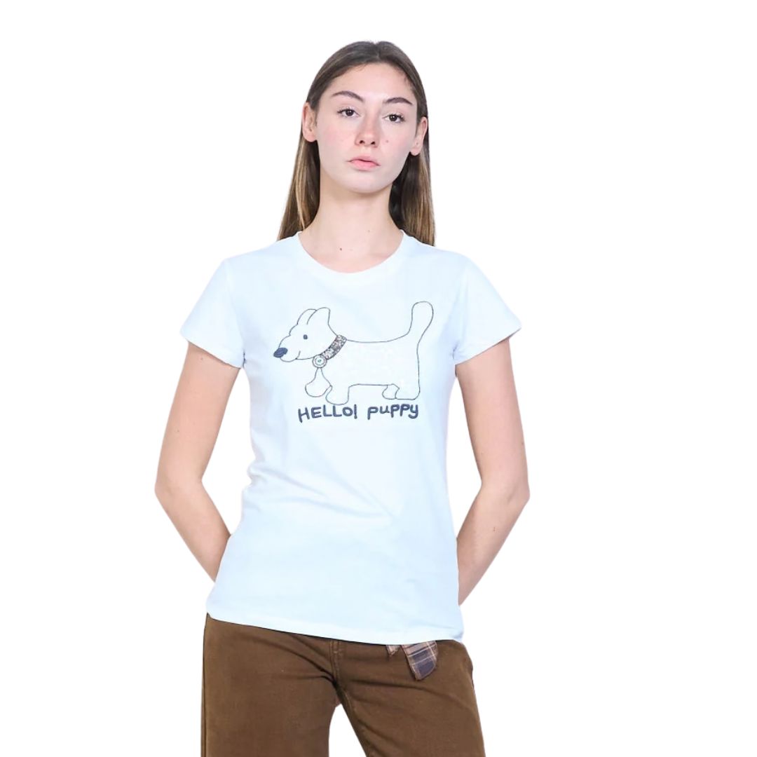 T-shirt donna a maniche corte fantasia cane e paillettes, scritta "Hello! Puppy"