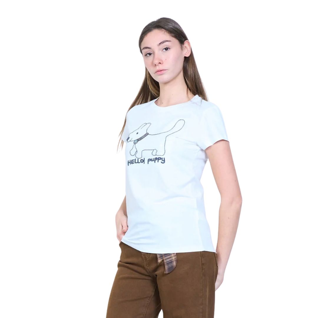 T-shirt donna a maniche corte fantasia cane e paillettes, scritta "Hello! Puppy"