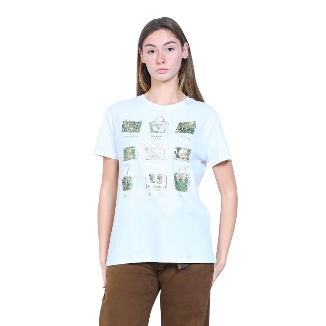 T-shirt donna a maniche corte fantasia borsette con strass Made in Italy
