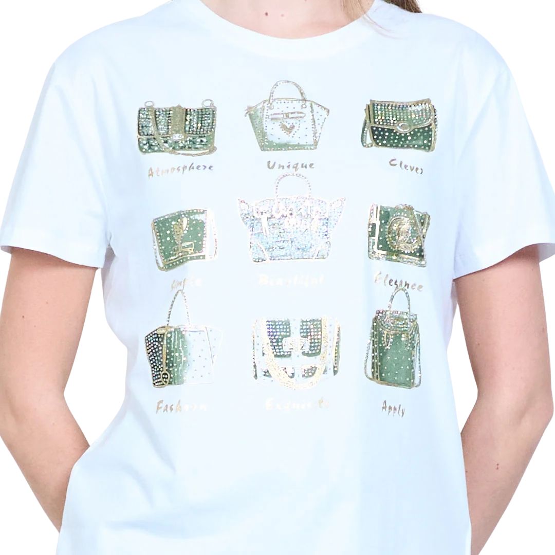 T-shirt donna a maniche corte fantasia borsette con strass Made in Italy