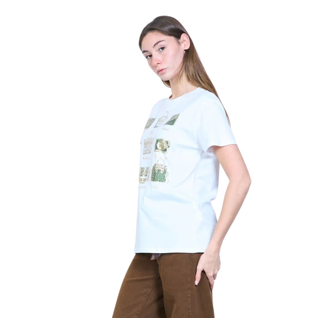 T-shirt donna a maniche corte fantasia borsette con strass Made in Italy