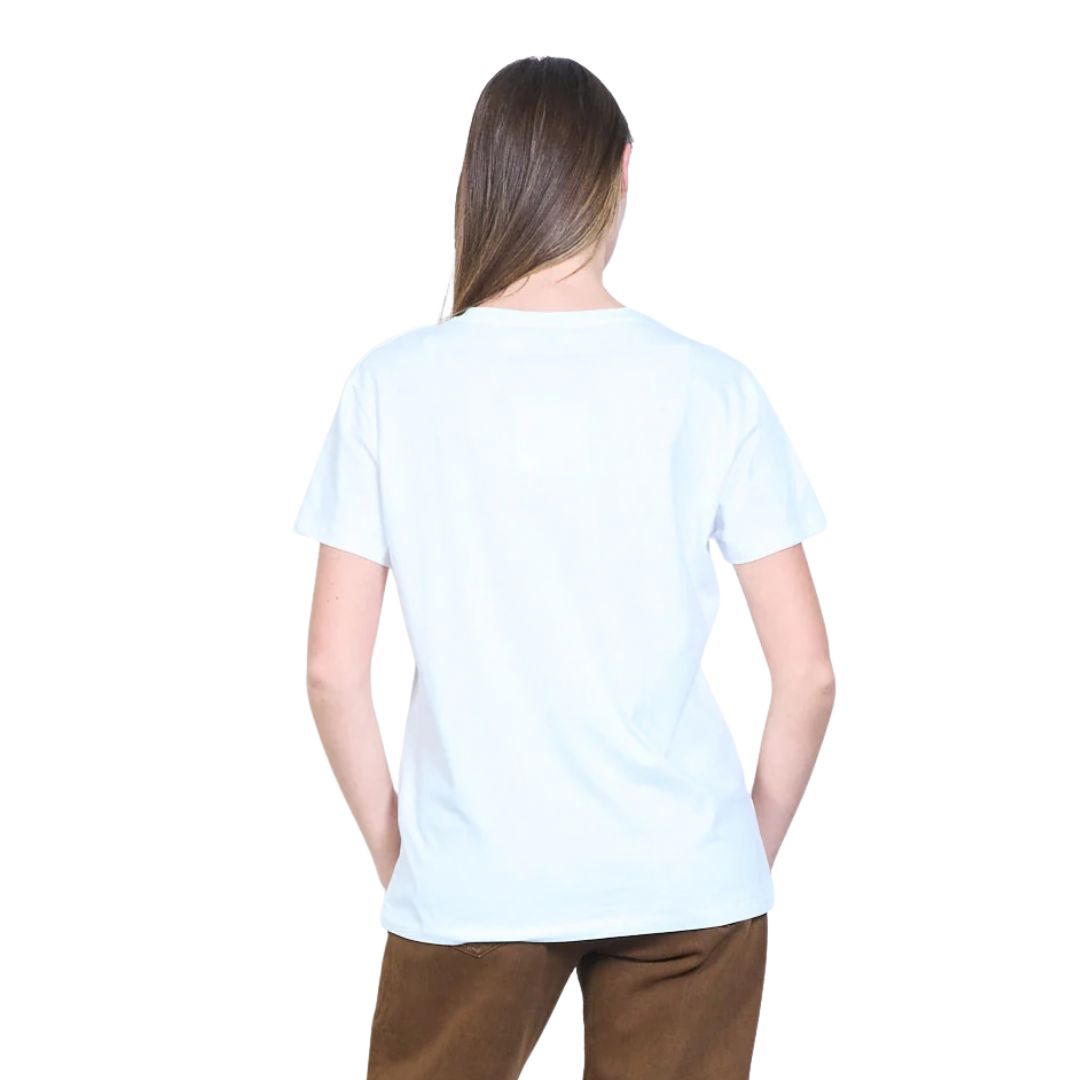 T-shirt donna a maniche corte fantasia borsette con strass Made in Italy