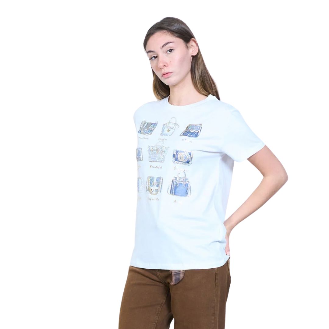 T-shirt donna a maniche corte fantasia borsette con strass Made in Italy