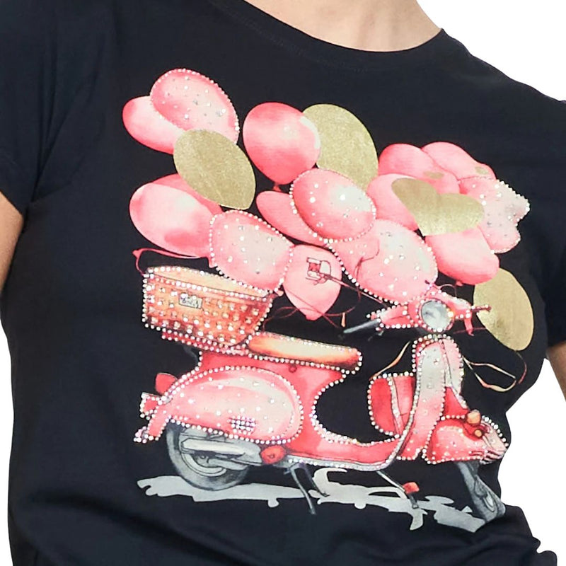 T-shirt donna a maniche corte con disegno vespa, palloncini e cuori con strass