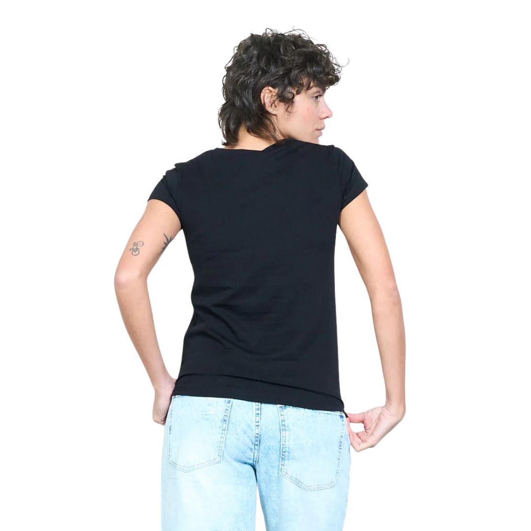 T-shirt donna a maniche corte con disegno vespa, palloncini e cuori con strass