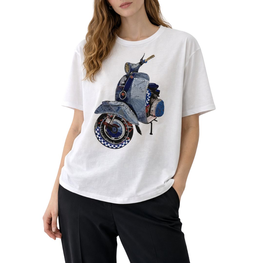 T-shirt donna a maniche corte con disegno vespa colorata e strass