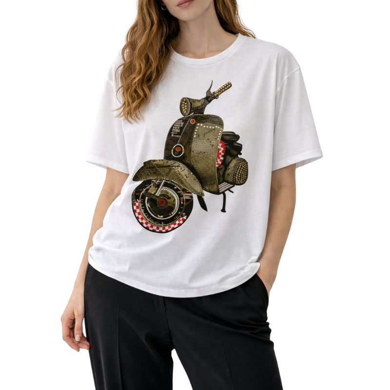 T-shirt donna a maniche corte con disegno vespa colorata e strass