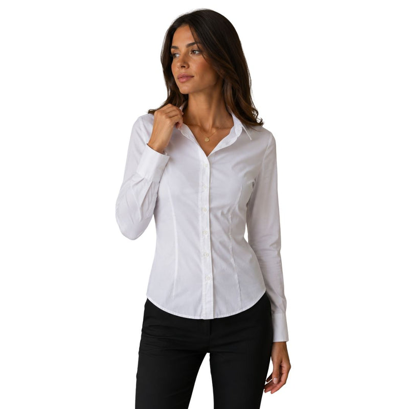 Camicia donna elasticizzata a tinta unita con pinces posteriori Made in Italy