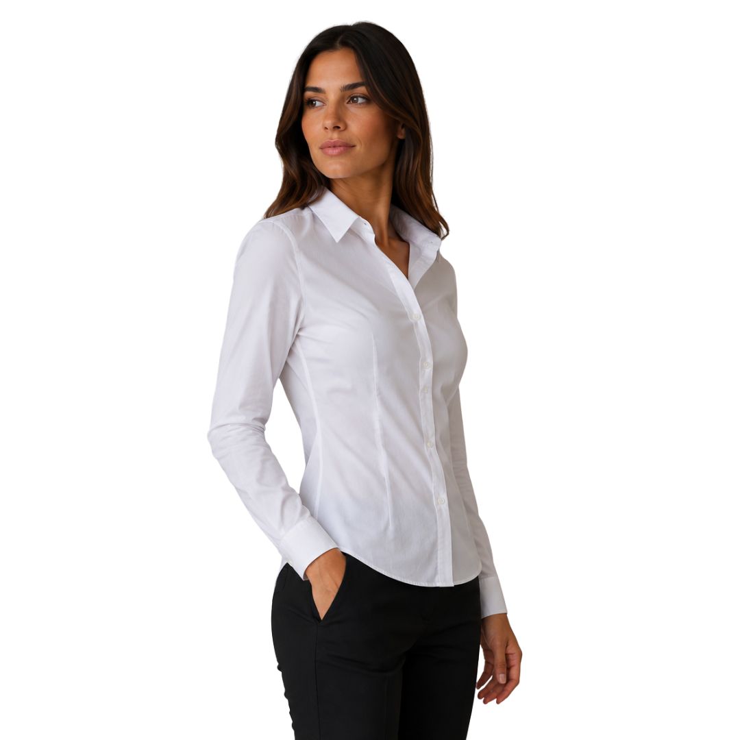 Camicia donna elasticizzata a tinta unita con pinces posteriori Made in Italy
