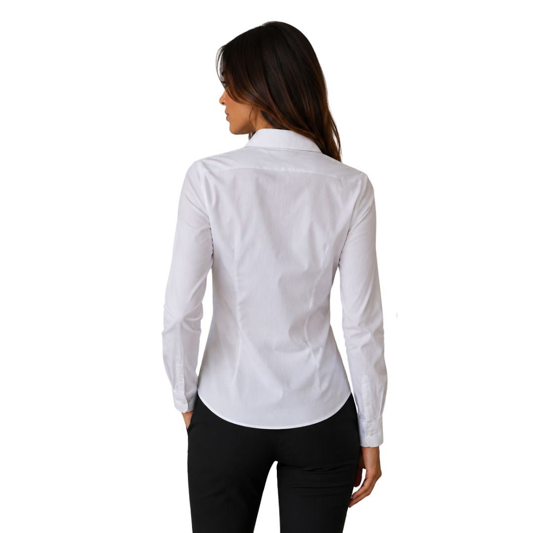 Camicia donna elasticizzata a tinta unita con pinces posteriori Made in Italy