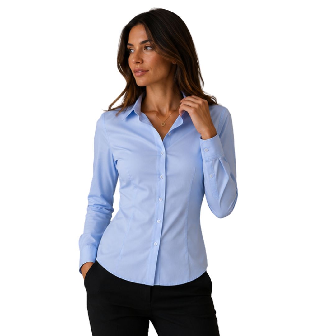 Camicia donna elasticizzata a tinta unita con pinces posteriori Made in Italy