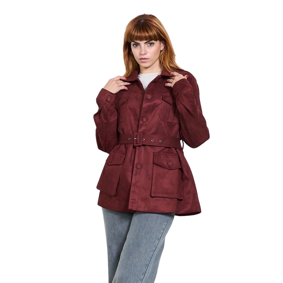 Trench donna scamosciato con cintura in vita e tasche frontali