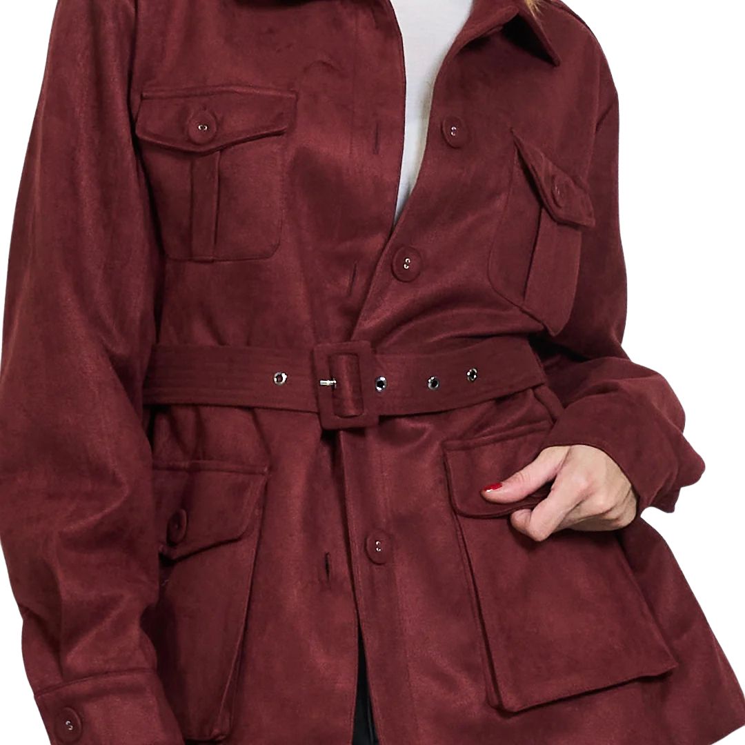 Trench donna scamosciato con cintura in vita e tasche frontali