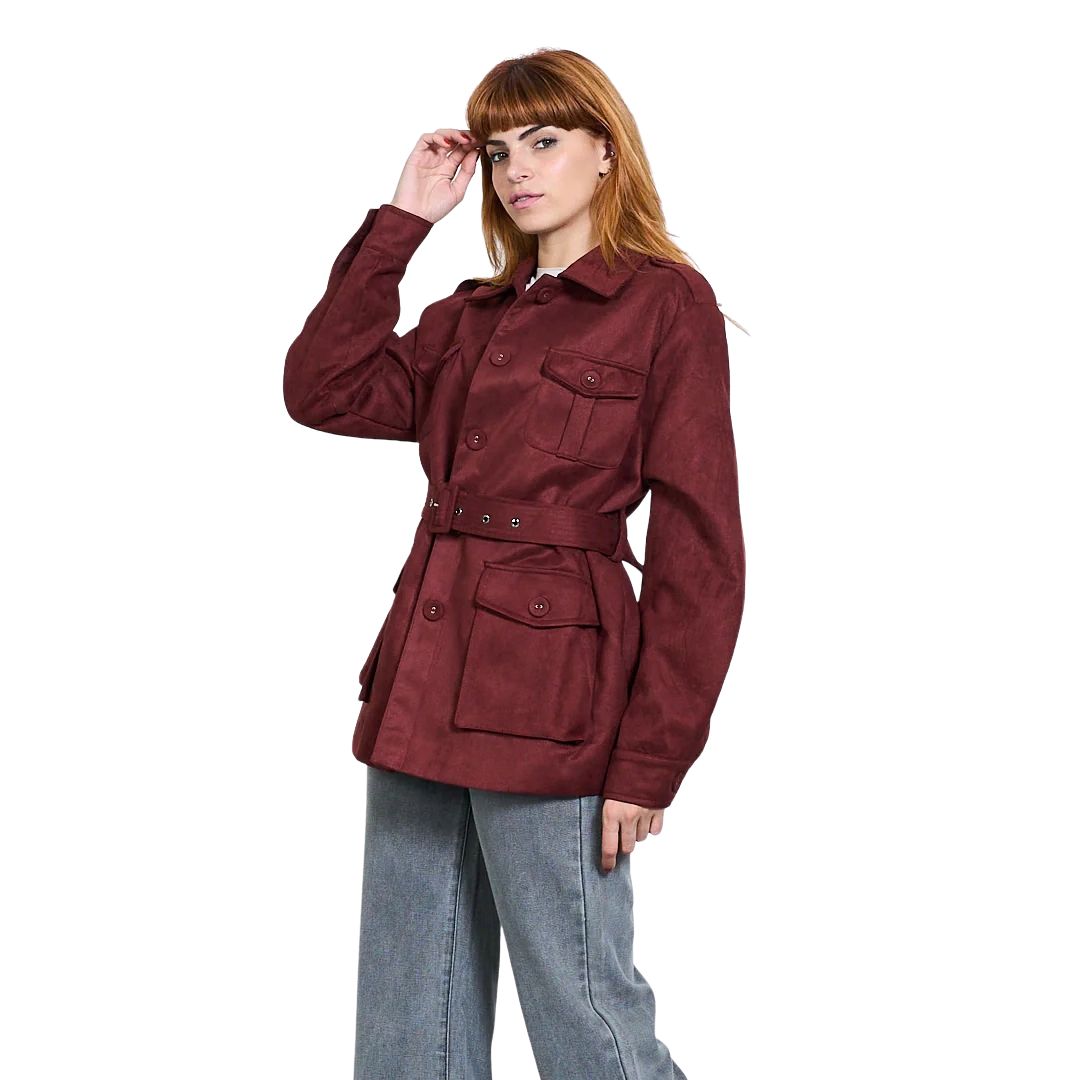 Trench donna scamosciato con cintura in vita e tasche frontali