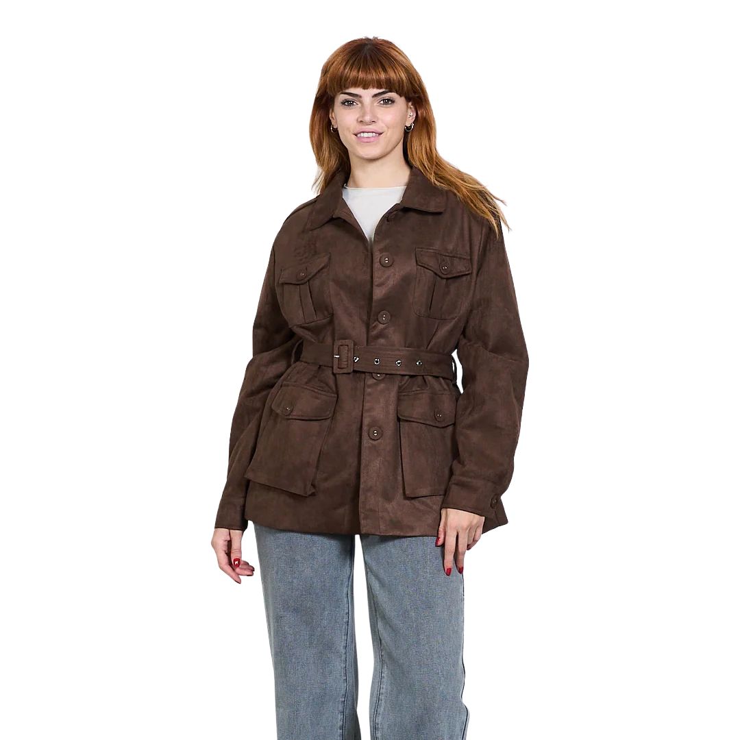 Trench donna scamosciato con cintura in vita e tasche frontali