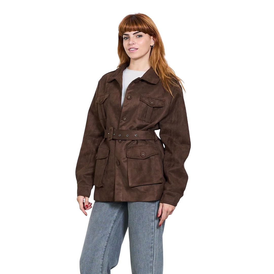 Trench donna scamosciato con cintura in vita e tasche frontali