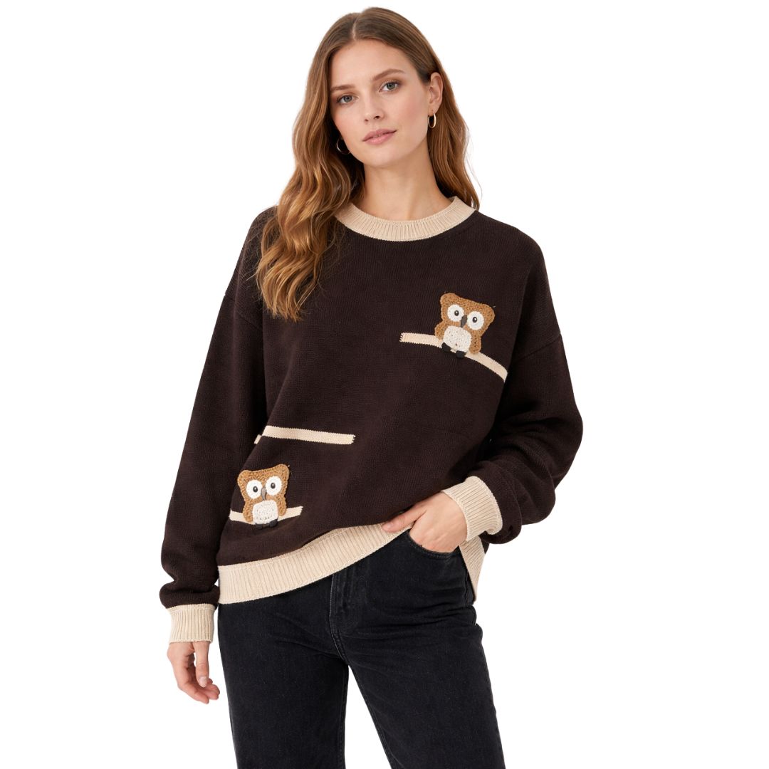 Maglia donna collo rotondo fantasia gufi con cashmere e lana