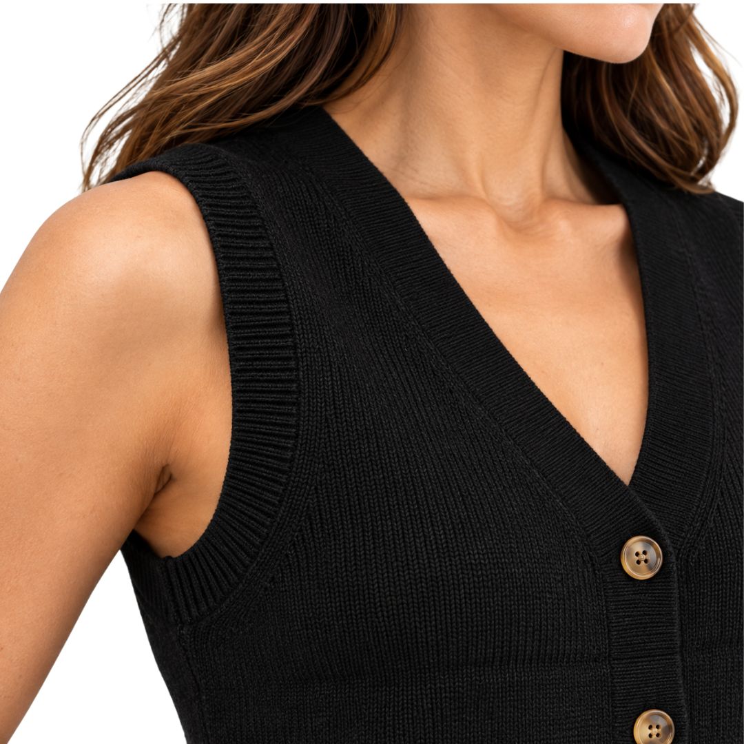 Gilet donna con bottoni in maglia a costine scollo a V