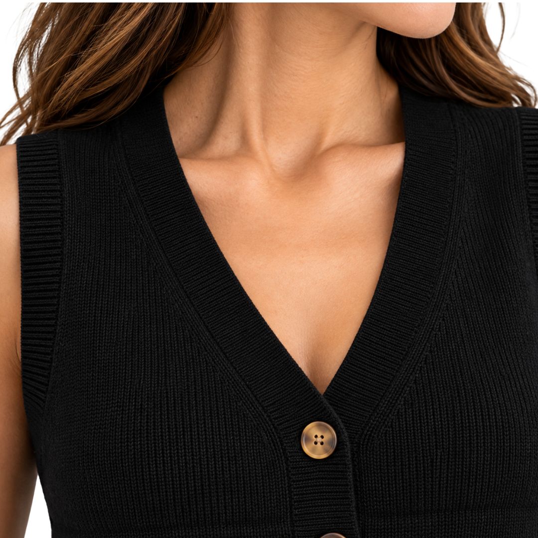 Gilet donna con bottoni in maglia a costine scollo a V