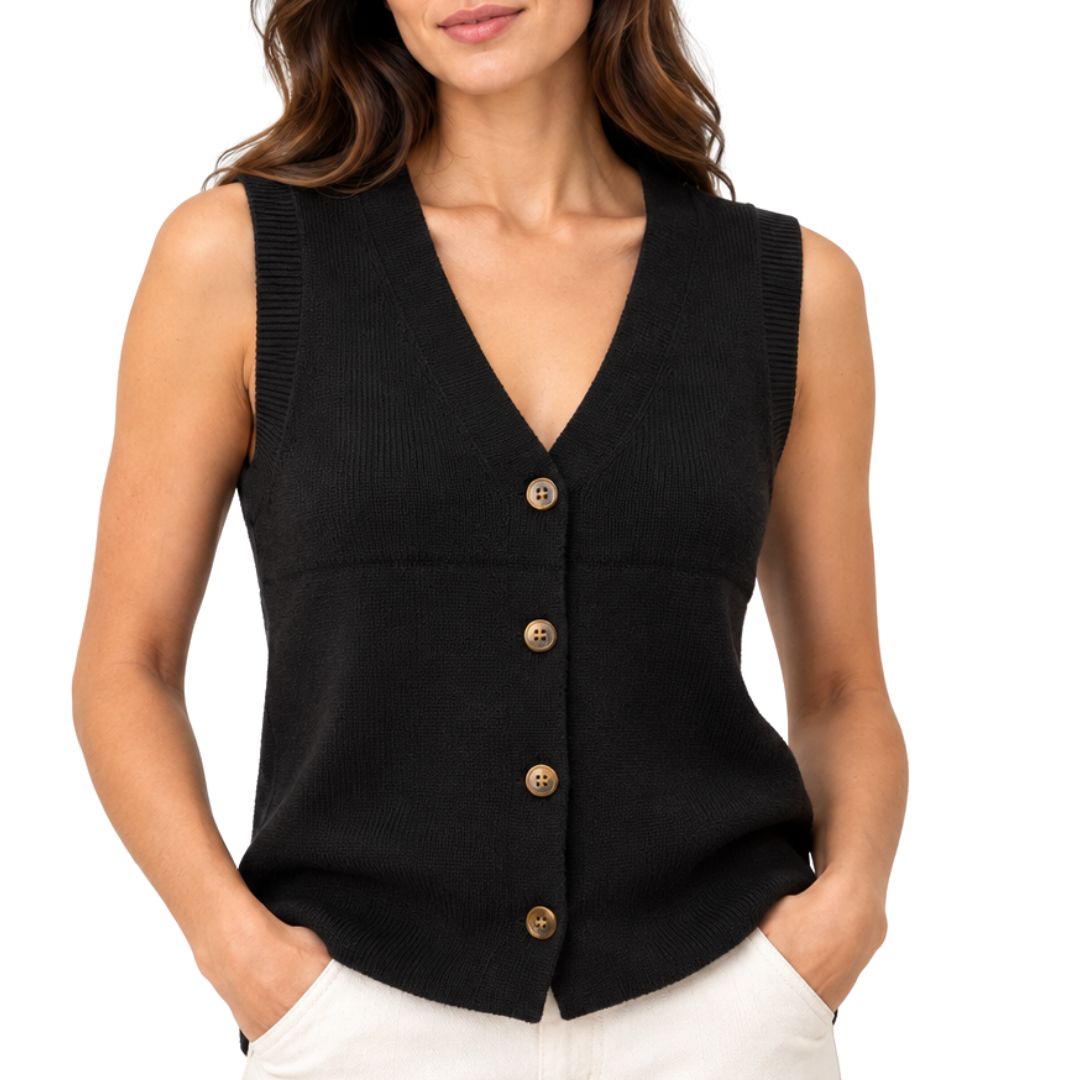 Gilet donna con bottoni in maglia a costine scollo a V