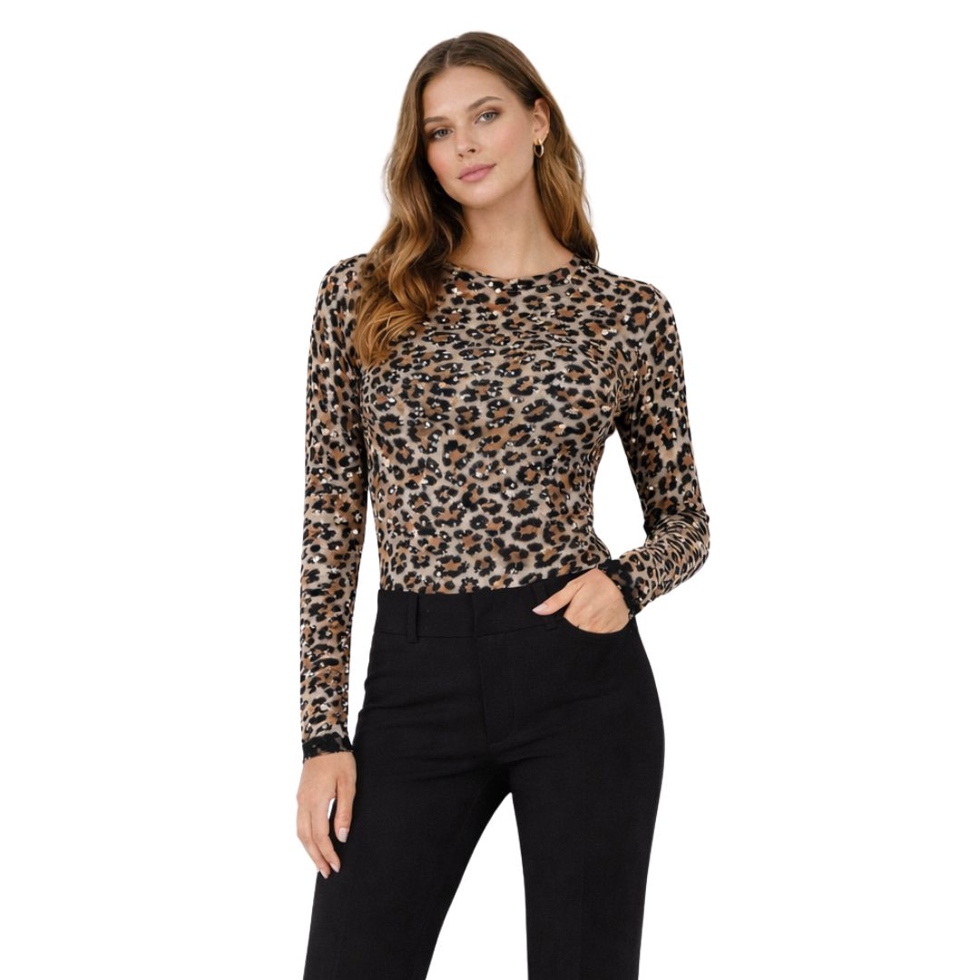 Blusa donna con scollo tondo con strass a manica lunga, fantasia maculata