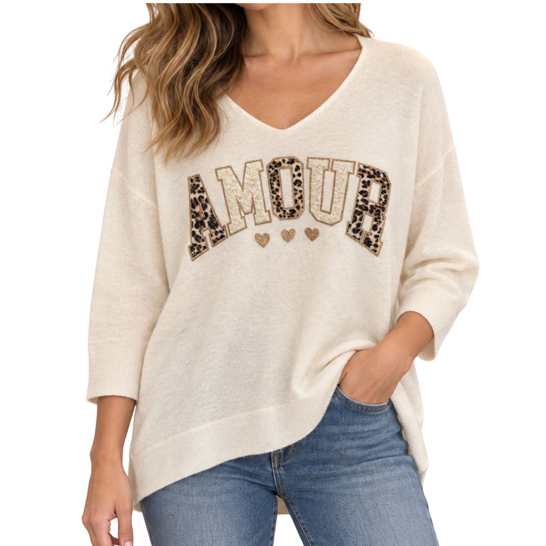 Maglia donna con applicazioni leopard e dorate manica 3/4 scollo a V
