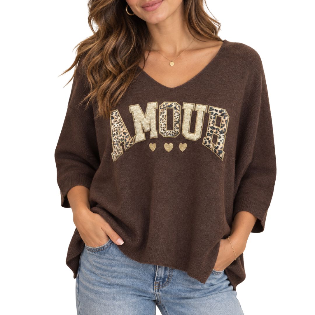 Maglia donna con applicazioni leopard e dorate manica 3/4 scollo a V