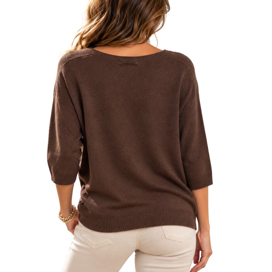 Maglia donna con applicazioni leopard e dorate manica 3/4 scollo a V